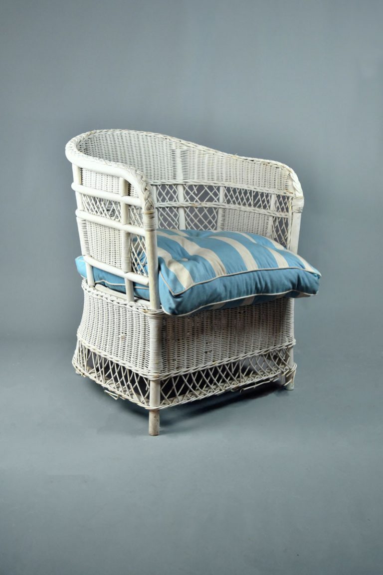 Painted Lattice Wicker Easy Chair With Blue & White Striped Cushions