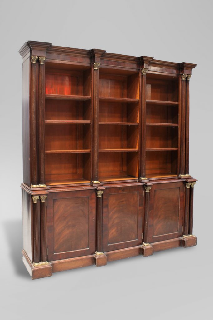 Ornate Open Top Mahogany Bookcase With Fluted Columns & Brass Capitals The Classic Prop Hire