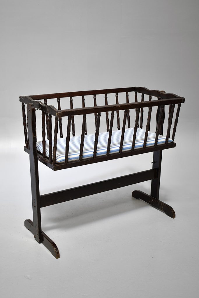 Mahogany Swinging Cot With Turned Spindles & Ticking Mattress The