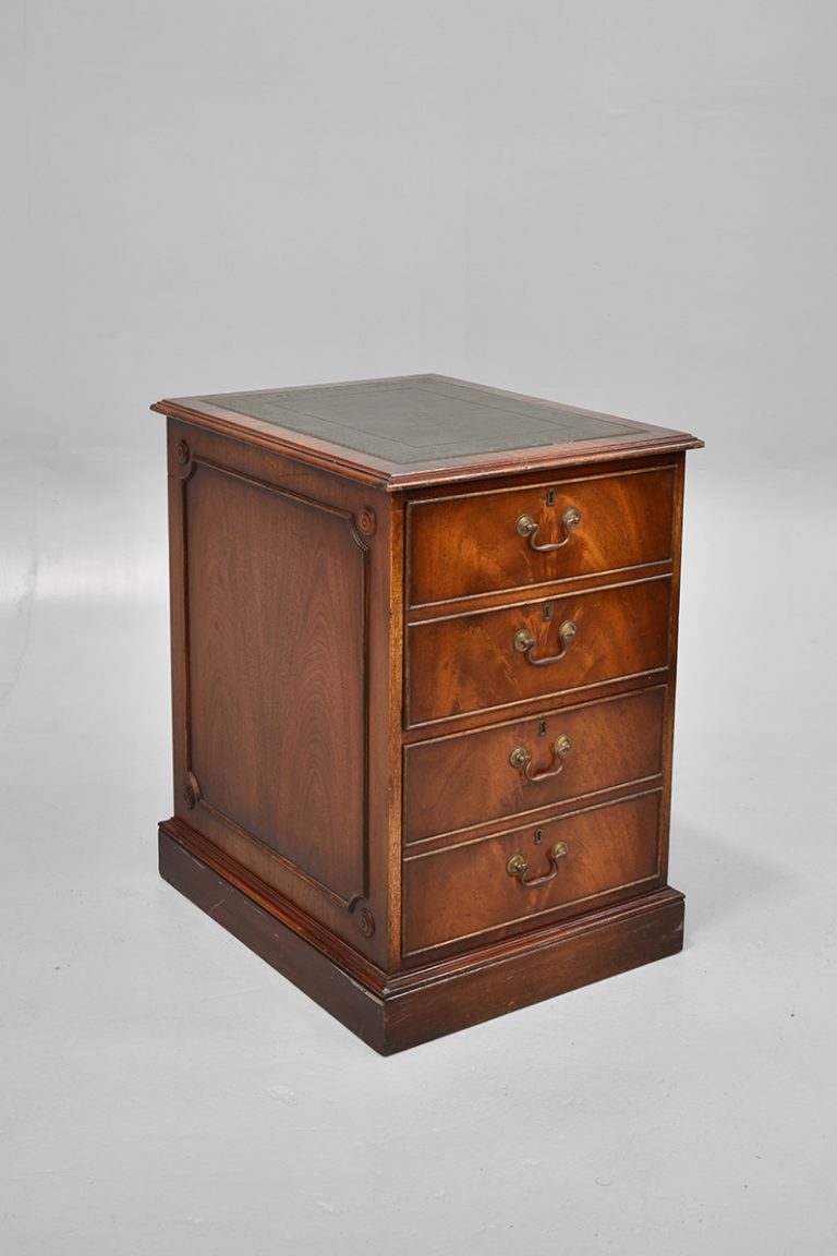 Low Mahogany Filing With 2 Drawers & Green Leather Top The