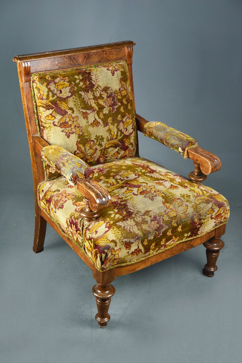 Continental Walnut Elbow Ladies Chair Beige & Green Carpet Upholstery