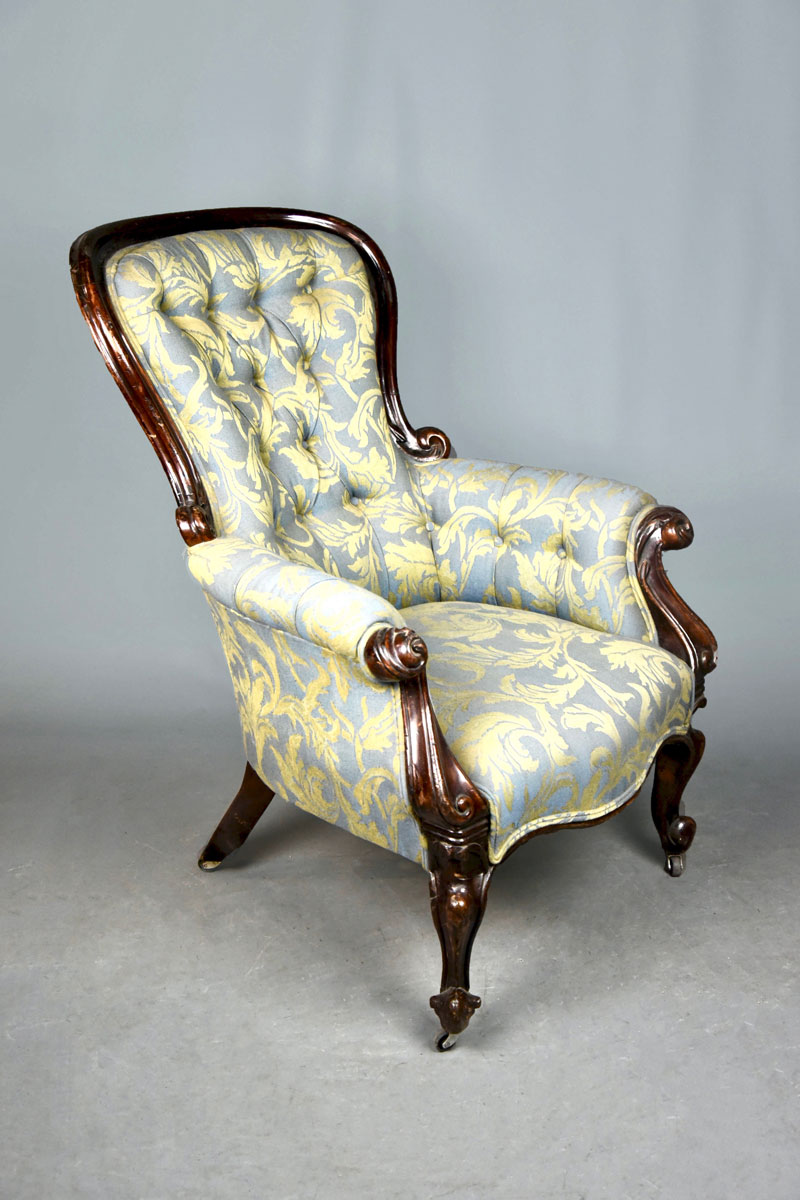 Victorian Mahogany Cab Leg Grandfather Chair Buttoned Blue & Gold