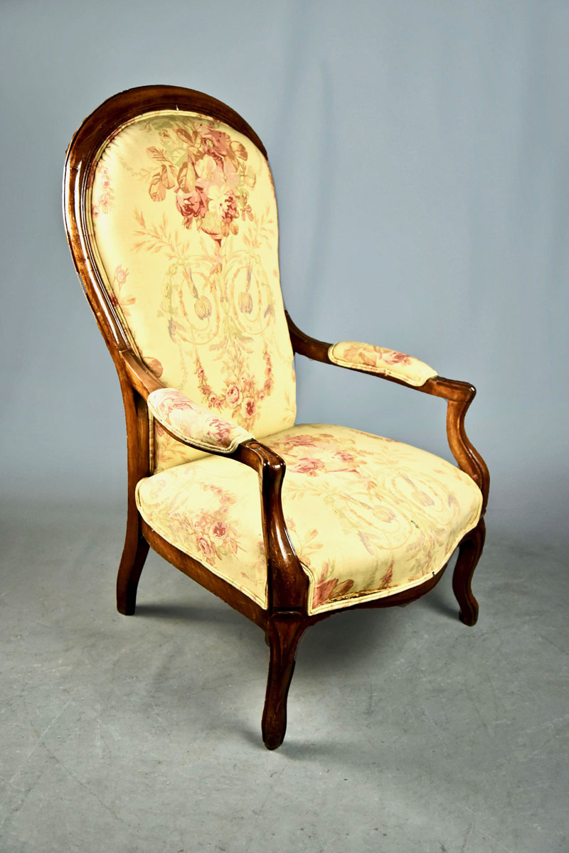 High Back Victorian Grandfather Chair With Cream, Floral Pink & Violet