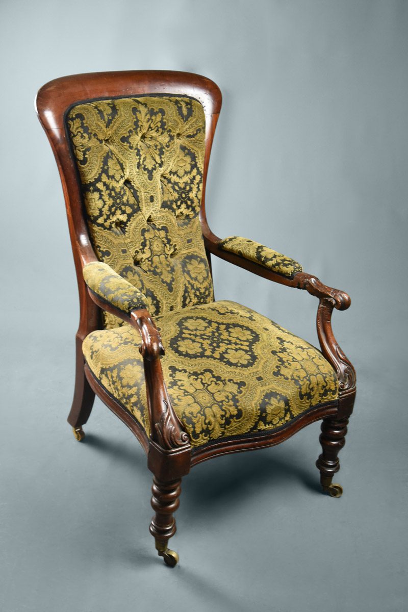 Mahogany Victorian Open Arm Elbow Chair Black & Gold Upholstery, Turned