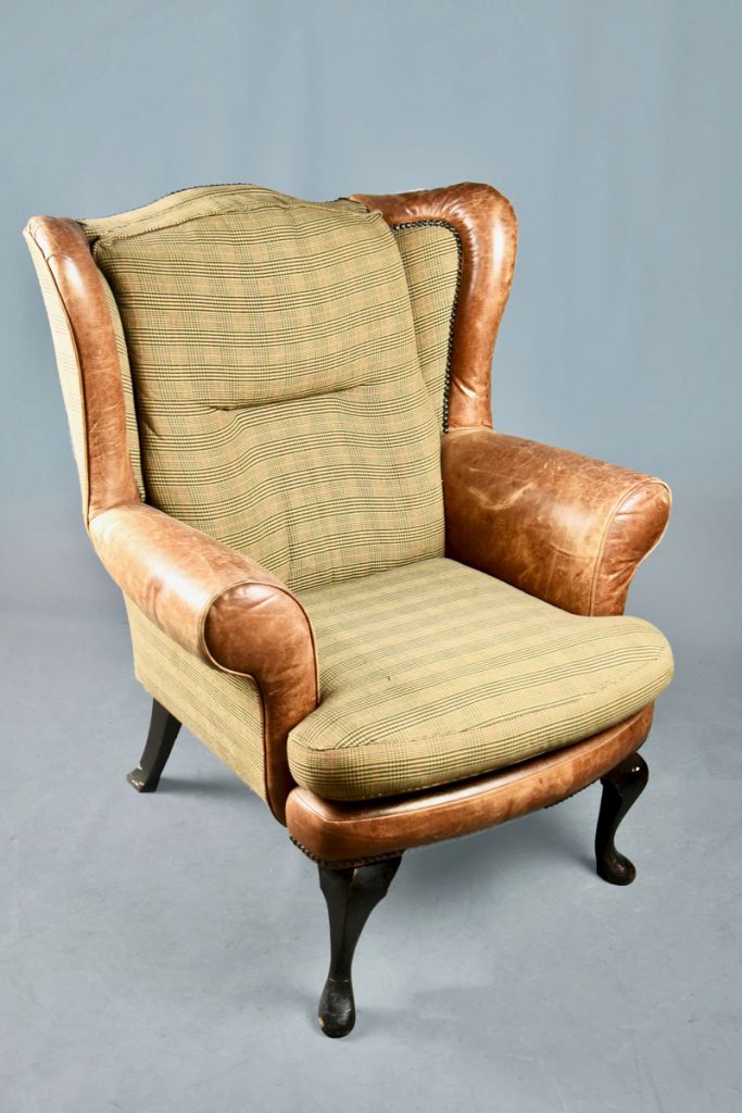 Tan Leather & Tweed Check Winged Armchair On Cabriole Legs The