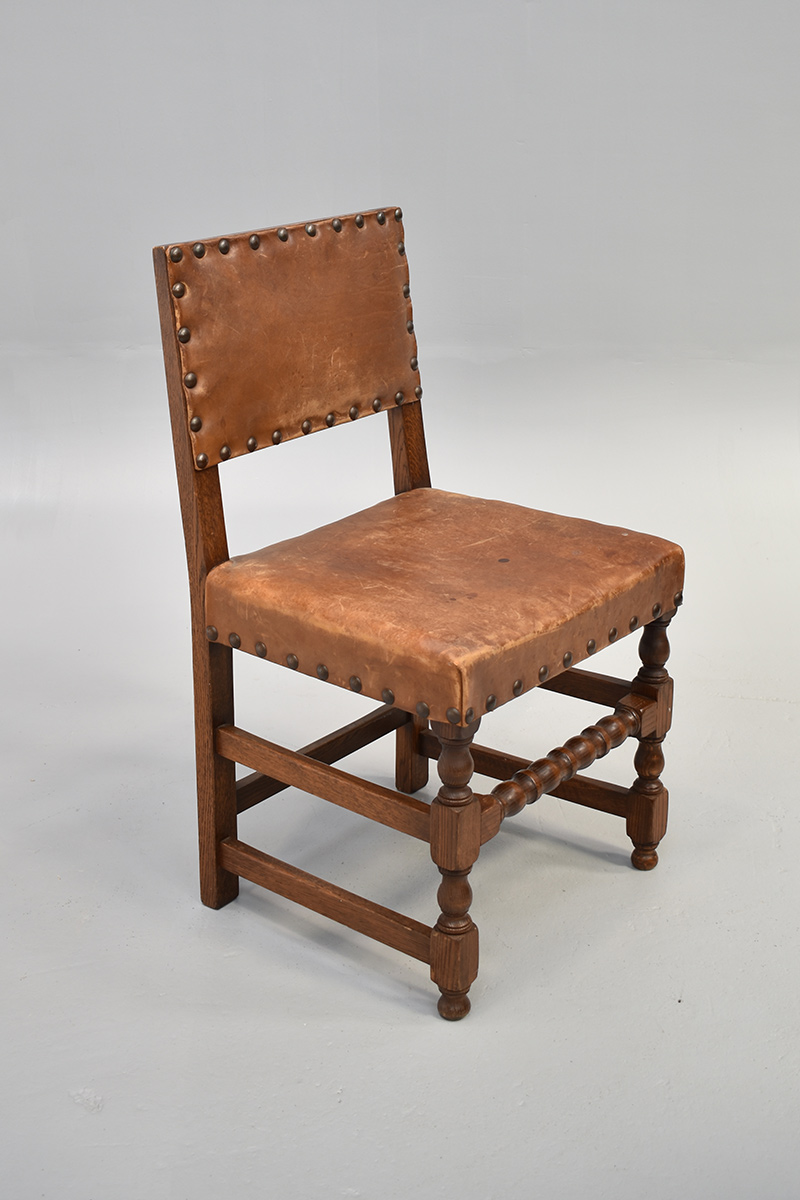 Oak Dining Chair Upholstered With Tan Leather & Brass Stud Trim The