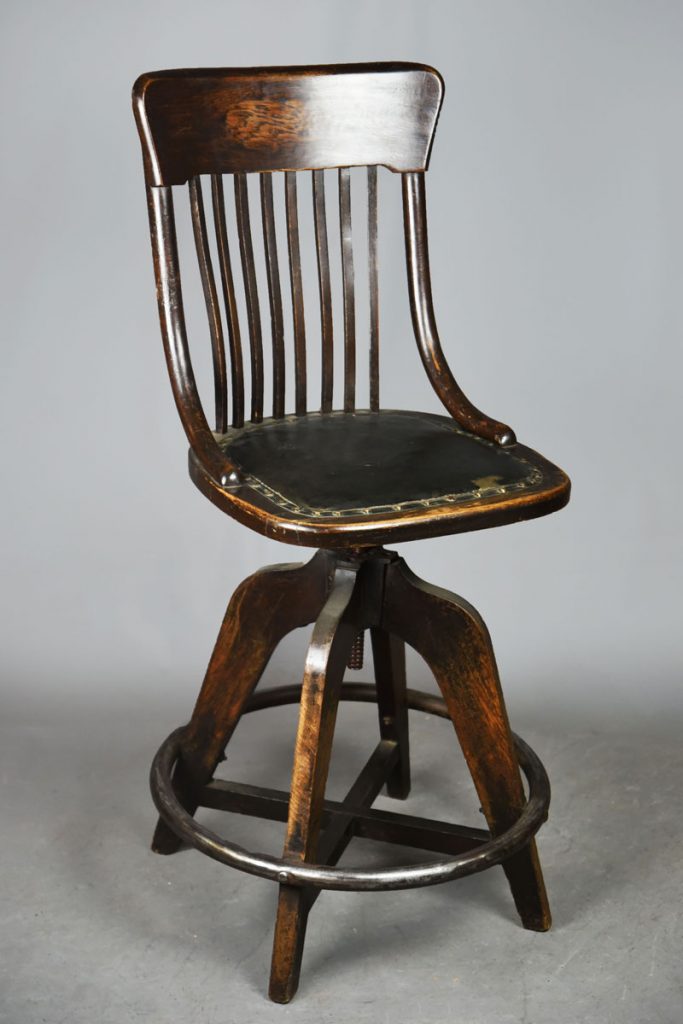 Antique Edwardian Oak Slatted Back Draughtsman's Chair With Black