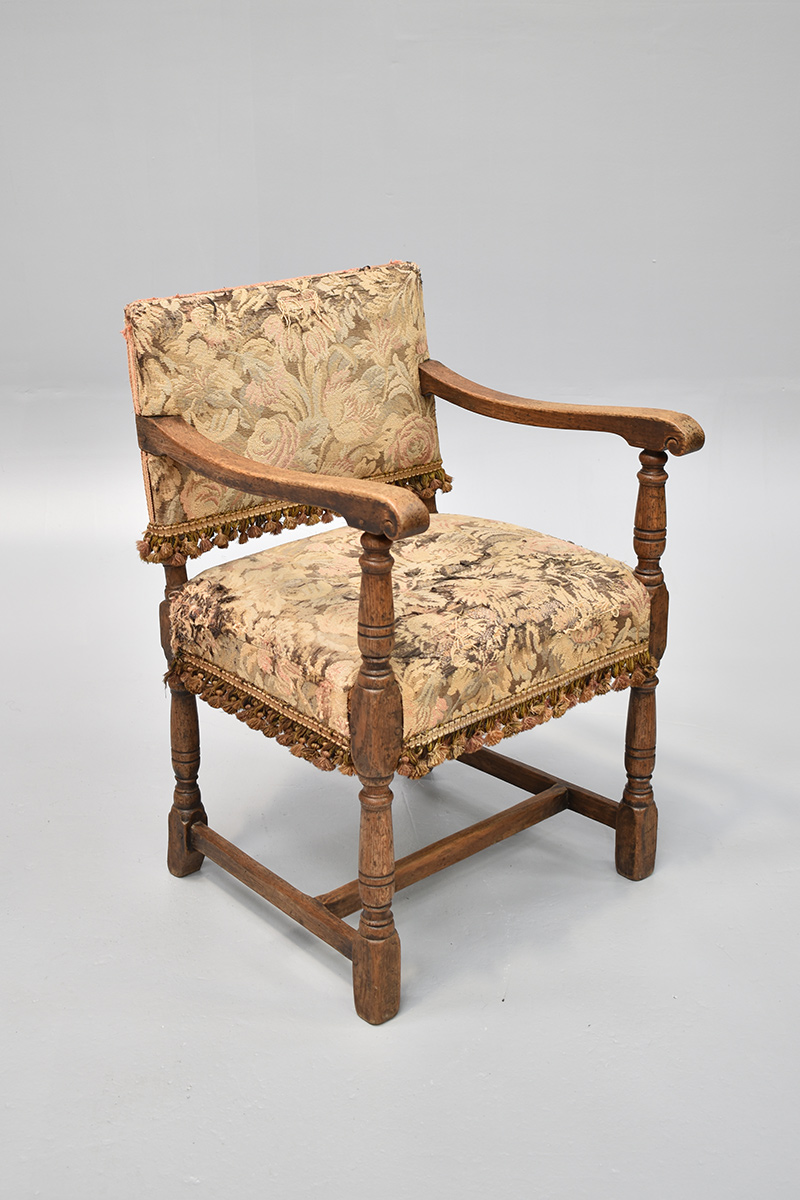 Oak Carver Dining Chair With Floral Tasseled Tapestry Upholstery The