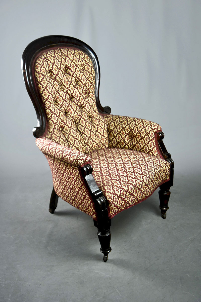 Victorian Upholstered Grandfather Chair Maroon Turned Legs The