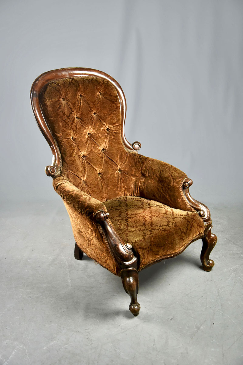 Victorian Mahogany Grandfather Chair Brown Upholstered Cab Legs Button