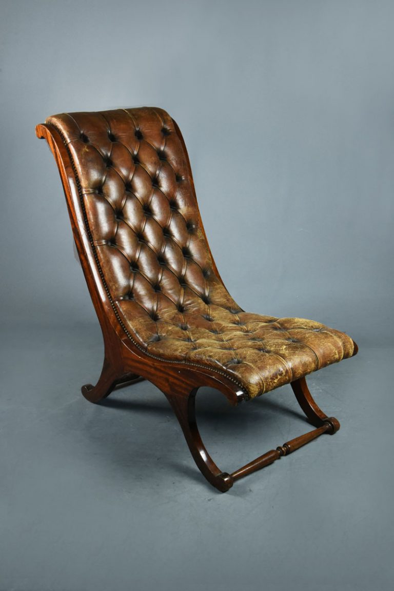 Brown Button Leather Upholstered Slipper Chair The Classic Prop Hire