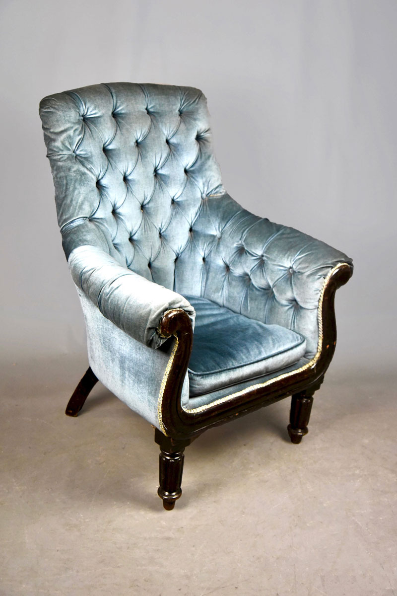 Early Victorian Mahogany Elbow Chair Button Back Blue Upholstery The