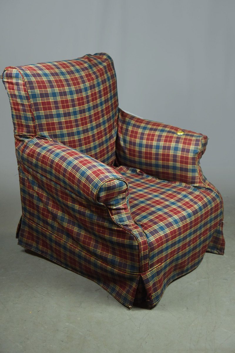 Tartan Upholstered Armchair With Wooden & Brass Book Rest The Classic