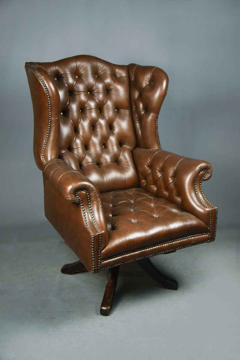 Brown Leather Button Wing Back Swivel Desk Chair The