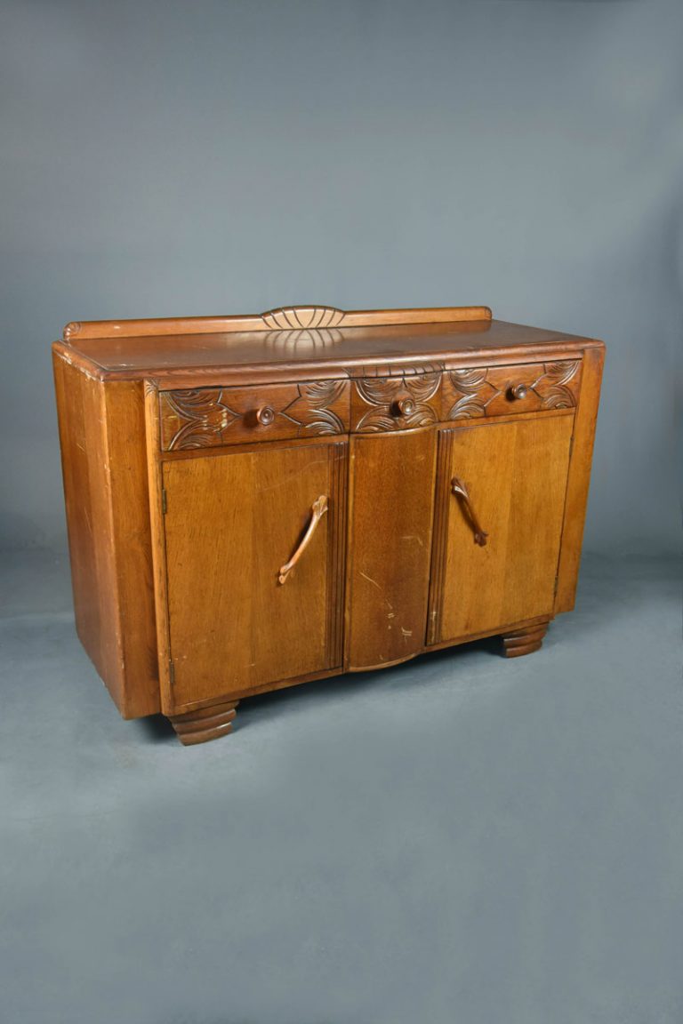 1940s Oak Sideboard with Two Doors, Bowed Front & Carved Detail The