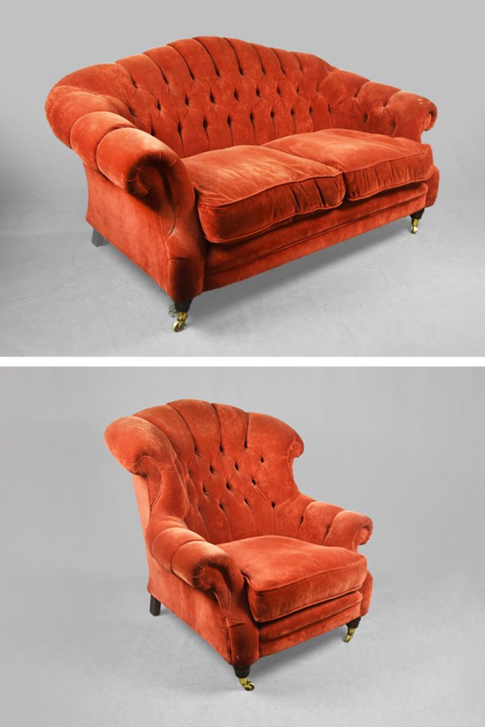 Rust Velvet Buttoned Victorian 2 Seater Sofa The Classic Prop Hire