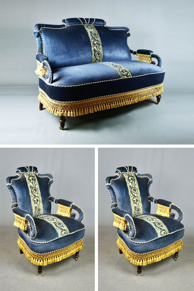 Blue Velvet Victorian Sofa, Ornate Fringes & Upholstery. The Classic